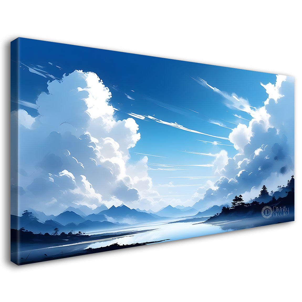 Mountains with river, trees and clouds textured water color art Canvas Painting - Nature Art -168