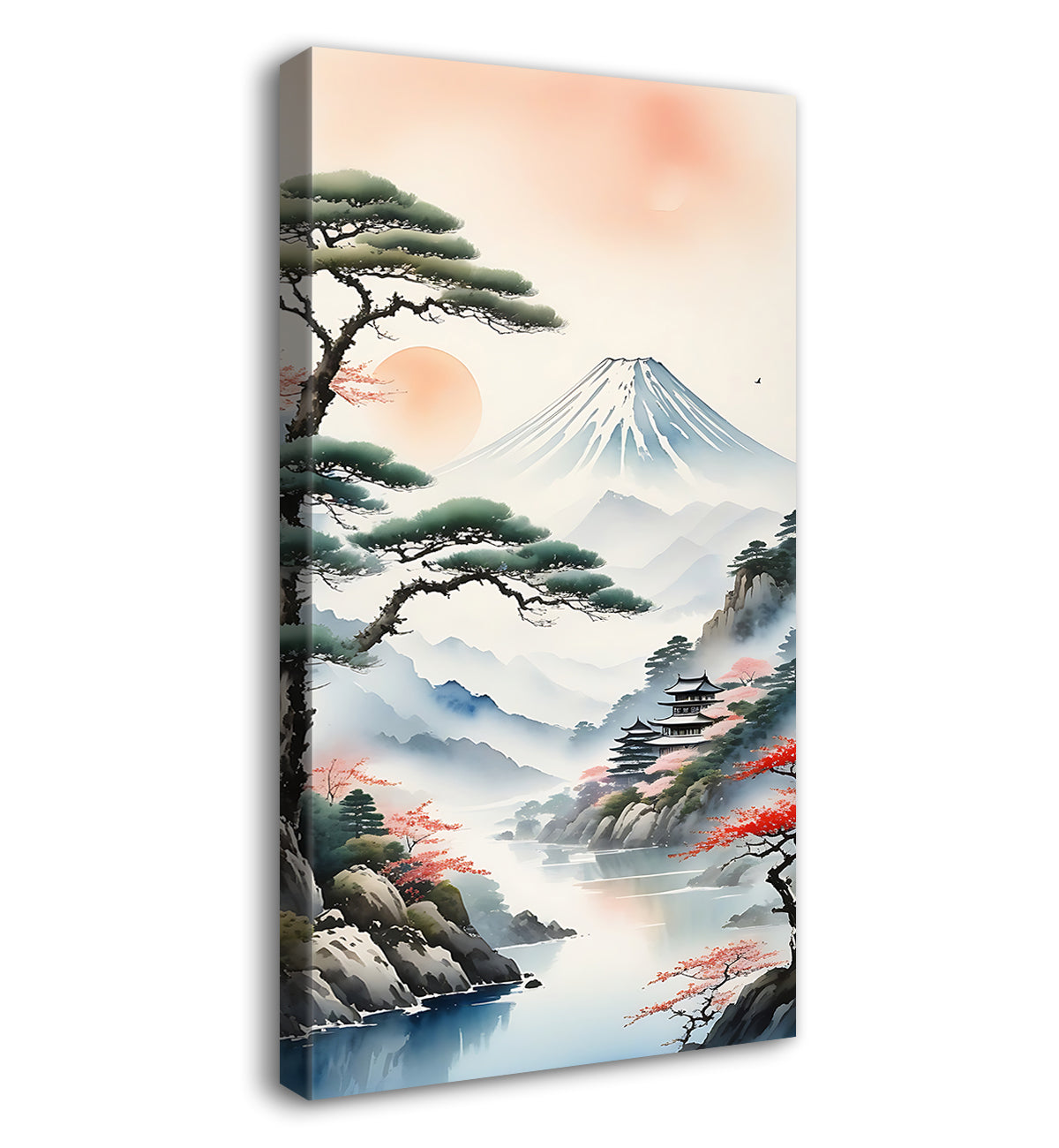Mountains with tree and clouds in textured water painting Canvas Painting - Nature Art -V-168