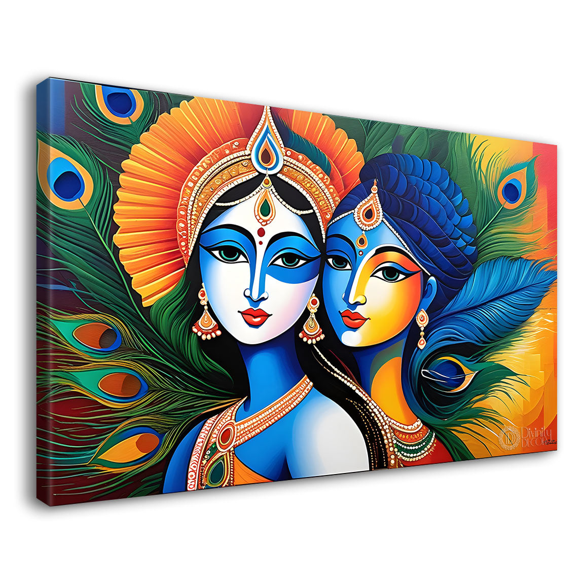 Blue face of Krishna and Radha with yellow and peacock feather background painting Canvas Painting - Design - Krishna-168