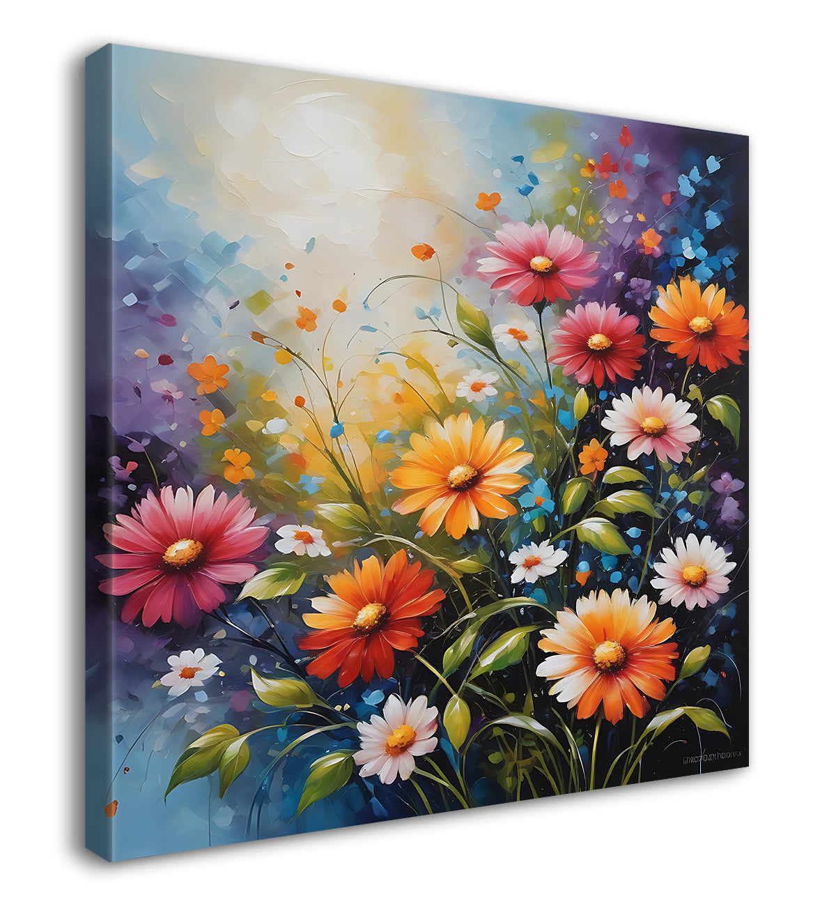 Colourful flowers in blue textured painting - Flower-S-168