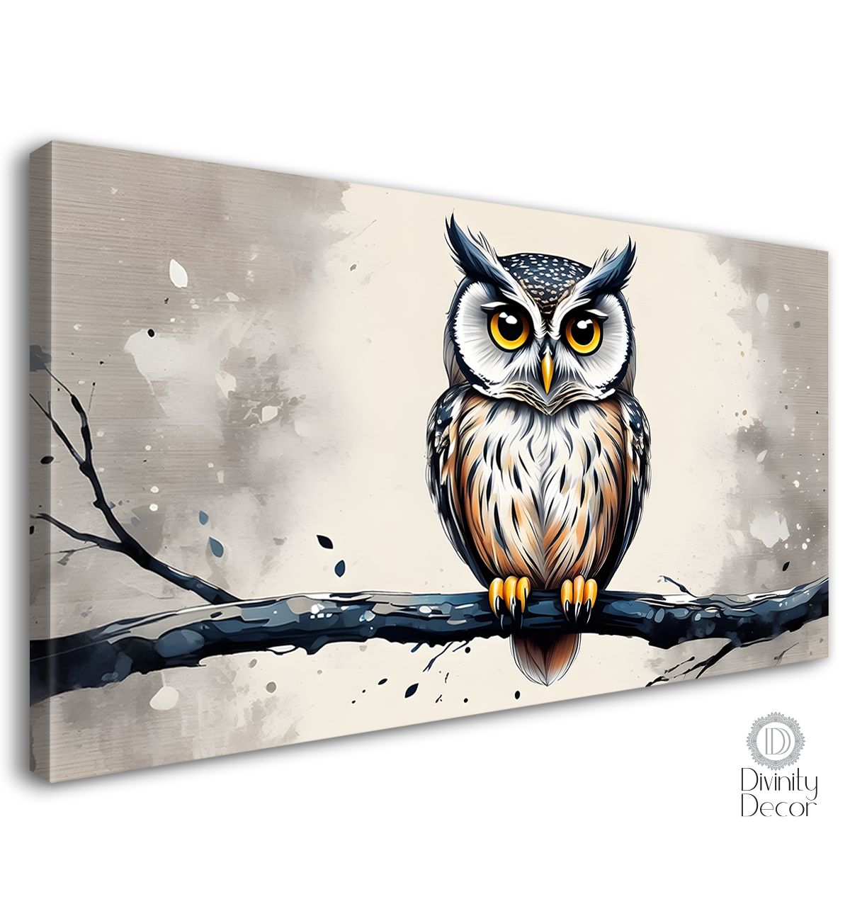 Owl on the branch with grey background textured art. - Design - Animal - 169
