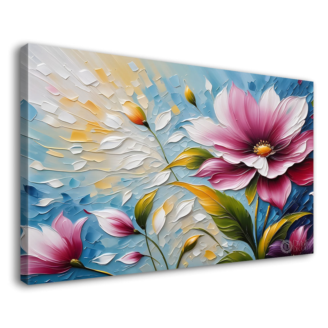Purple flowers with blue textured background painting- Design - Flower-169