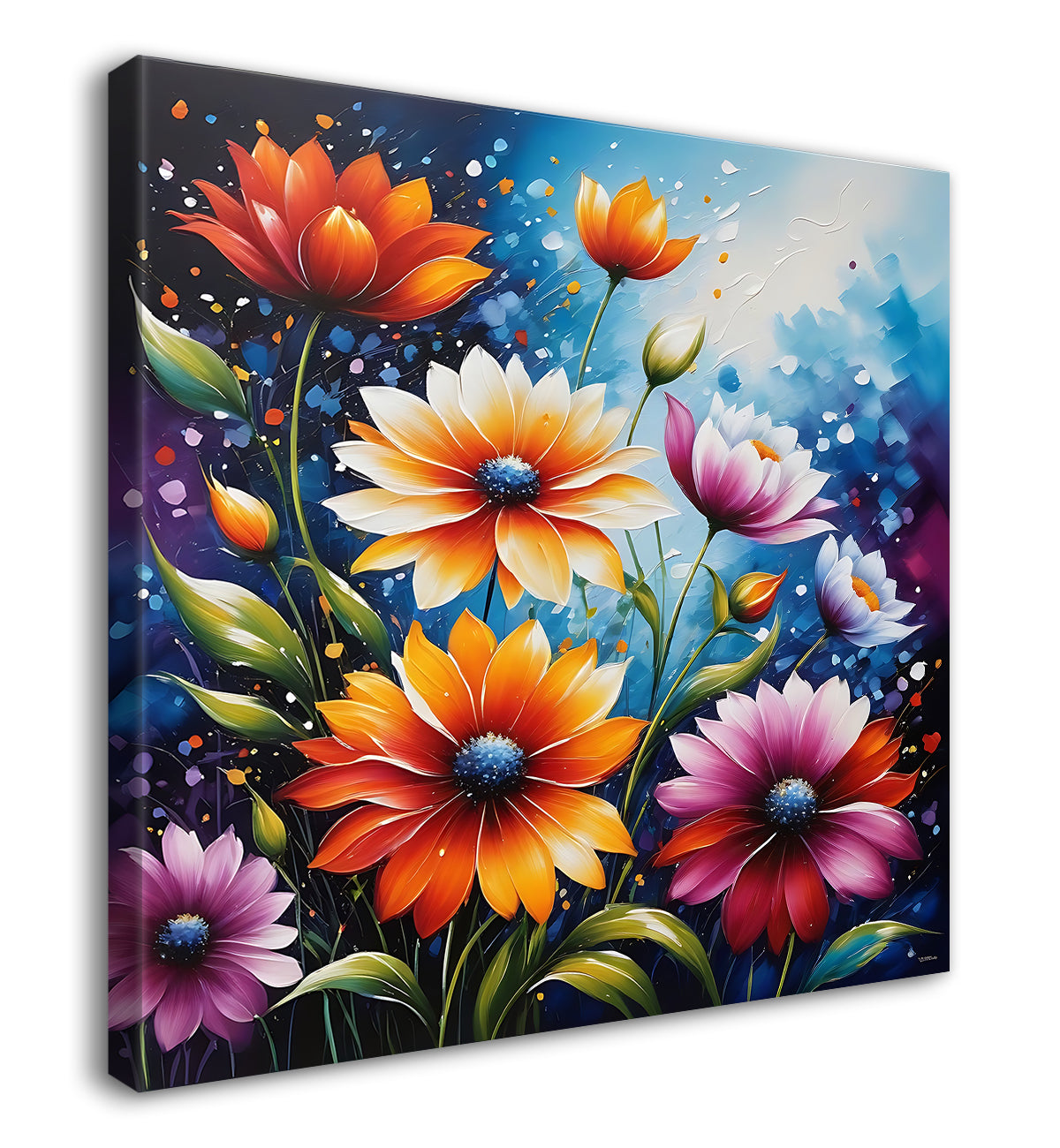 Colourful flowers in blue textured painting - Flower-S-169