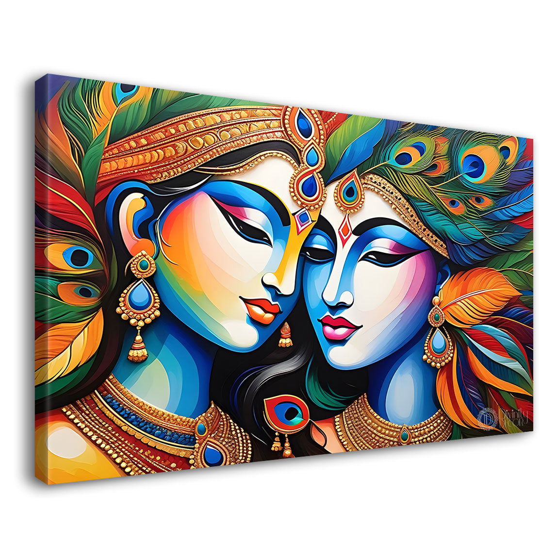 Blue face of Krishna and Radha with yellow and peacock feather background painting Canvas Painting - Design - Krishna-169