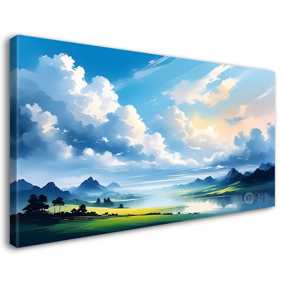 Mountains with river, trees and clouds textured water color art Canvas Painting - Nature Art -169