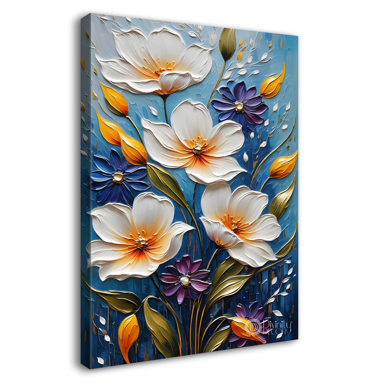 White flowers in blue textured background painting - Flower-V-16