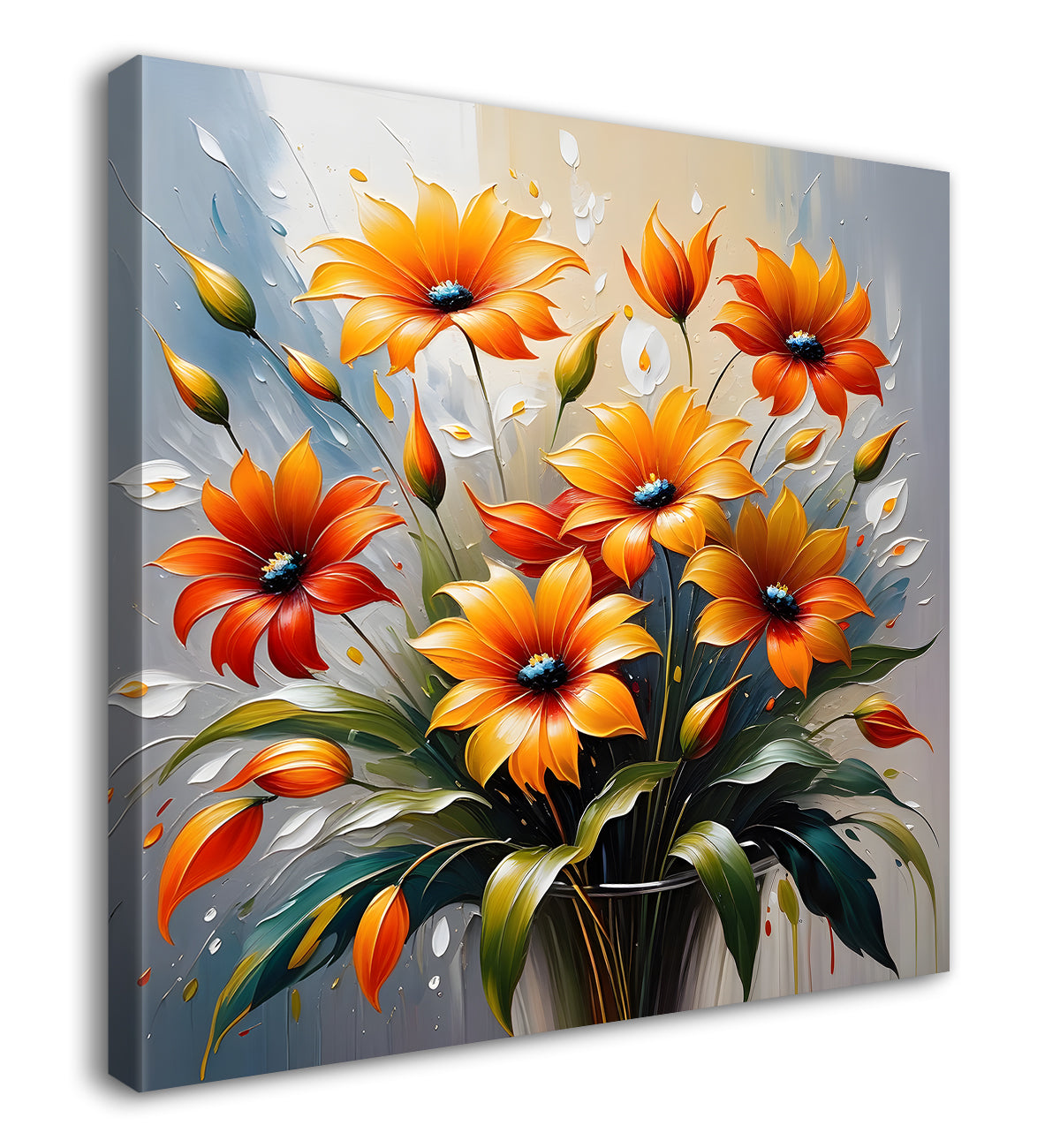 Yellow and orange flowers in grey background textured painting - Flower-S-16