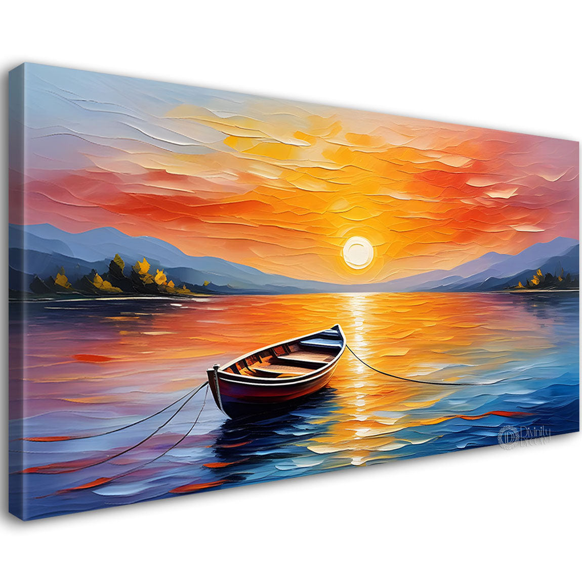 Boat in sea with sunrise background textured modern art canvas painting - Design - River-16