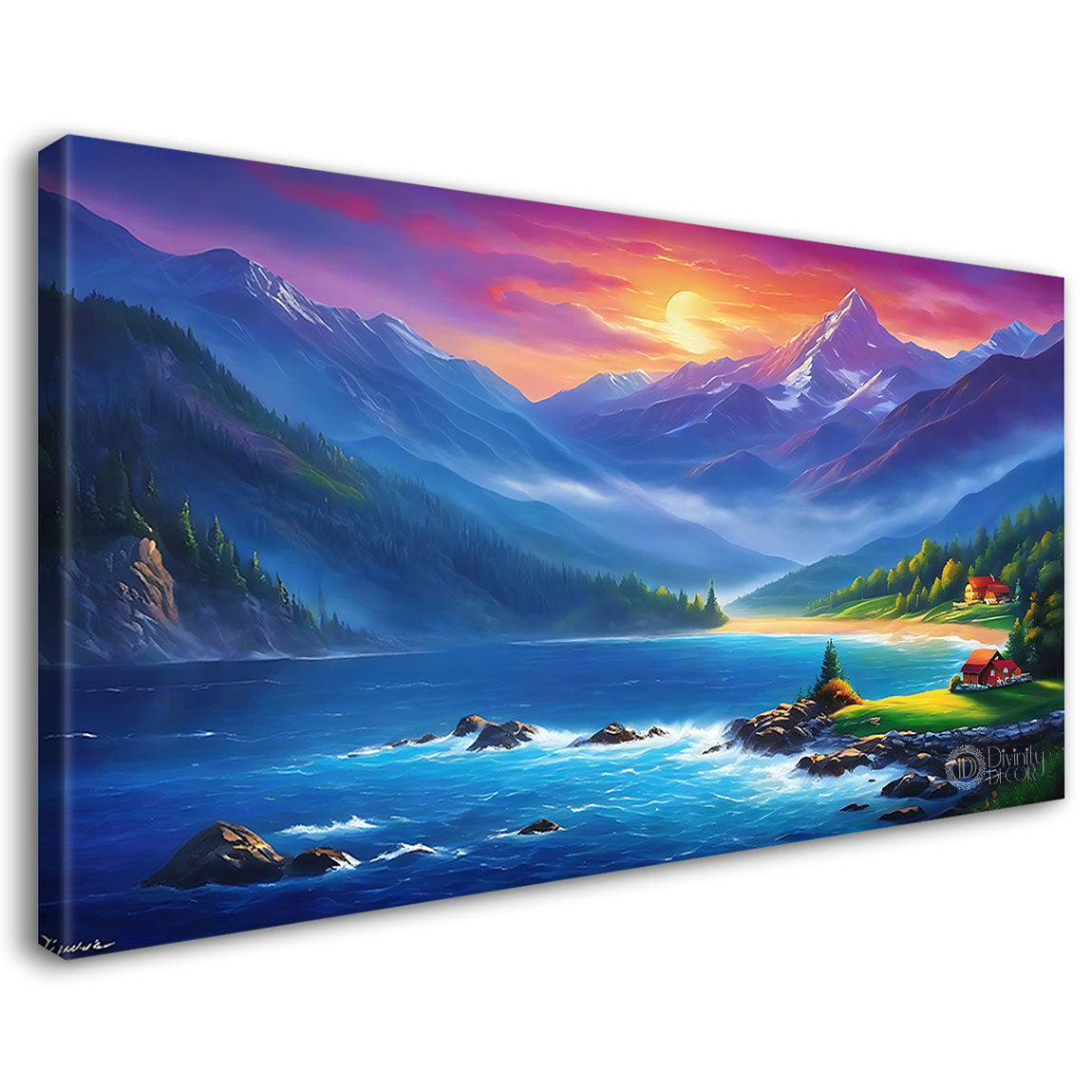 Mountains with lake and sunrise in textured natural art Canvas Painting - Nature Art -16