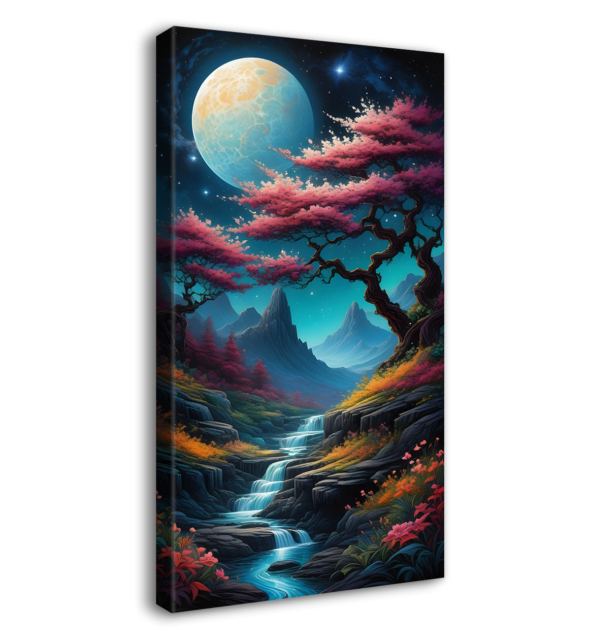 Spring tree wtih blue sly and moon textured natural art Canvas Painting - Nature Art -V-16