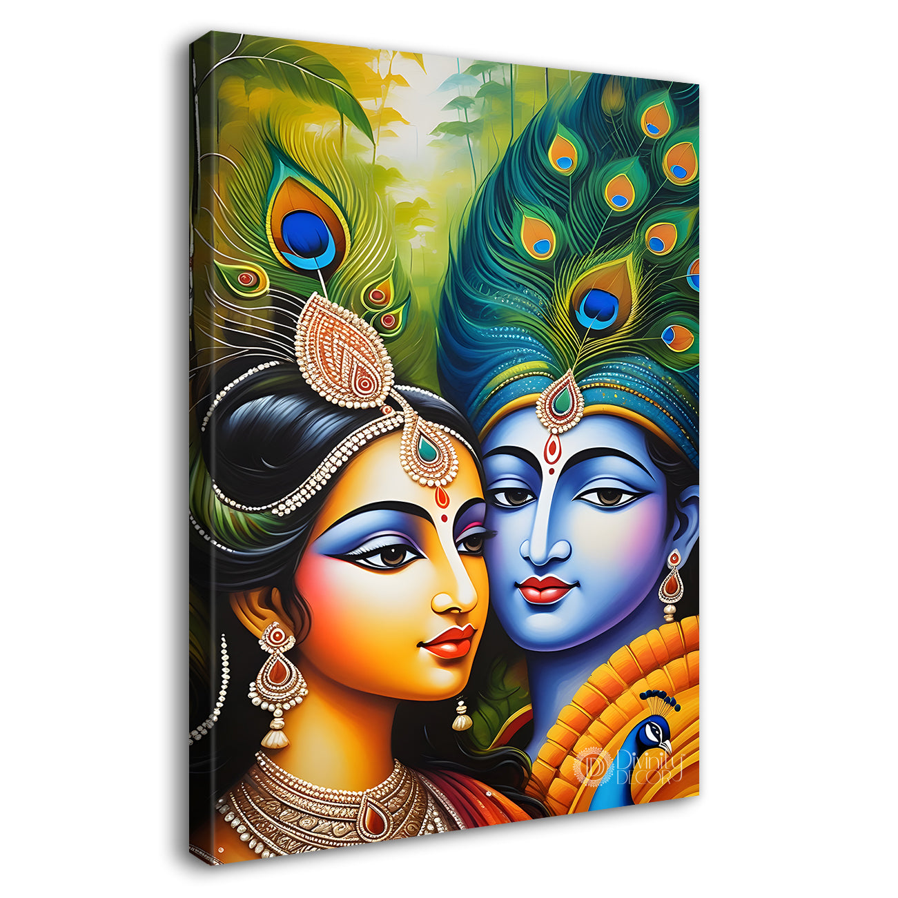 Blue face of krishna with radha in peacock feathers background textured art Canvas Painting - Design - Krishna-V-16