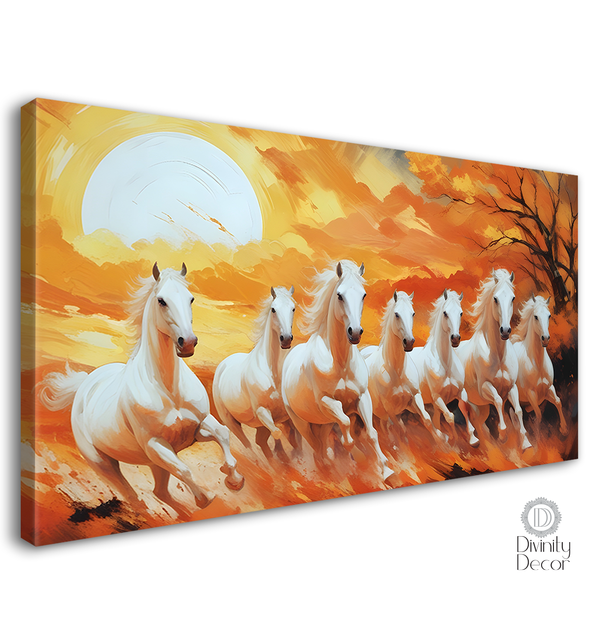 White running horses with tree and sun in yellow textured background art Canvas Painting - Design - Horse-17