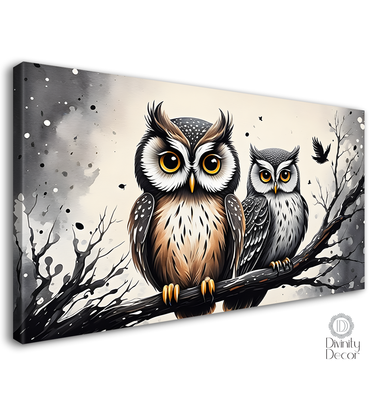 Two owls on the branch with grey background textured art. - Design - Animal - 170