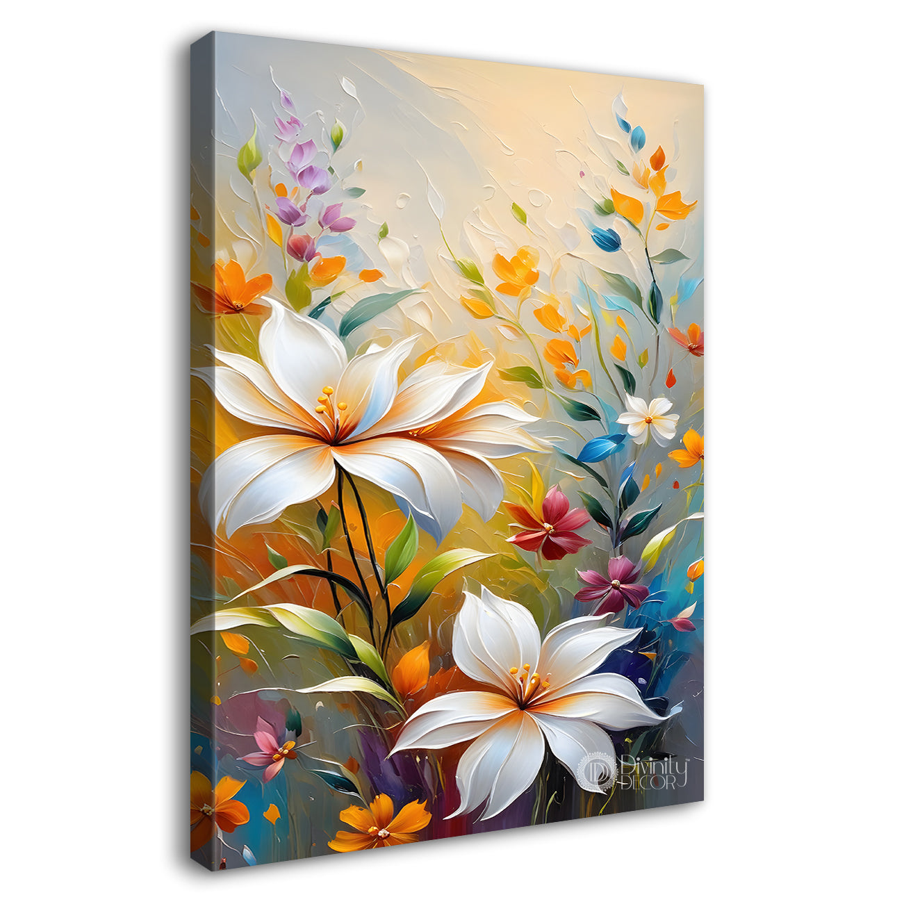 White flowers in grey textured background painting- Flower-V-170