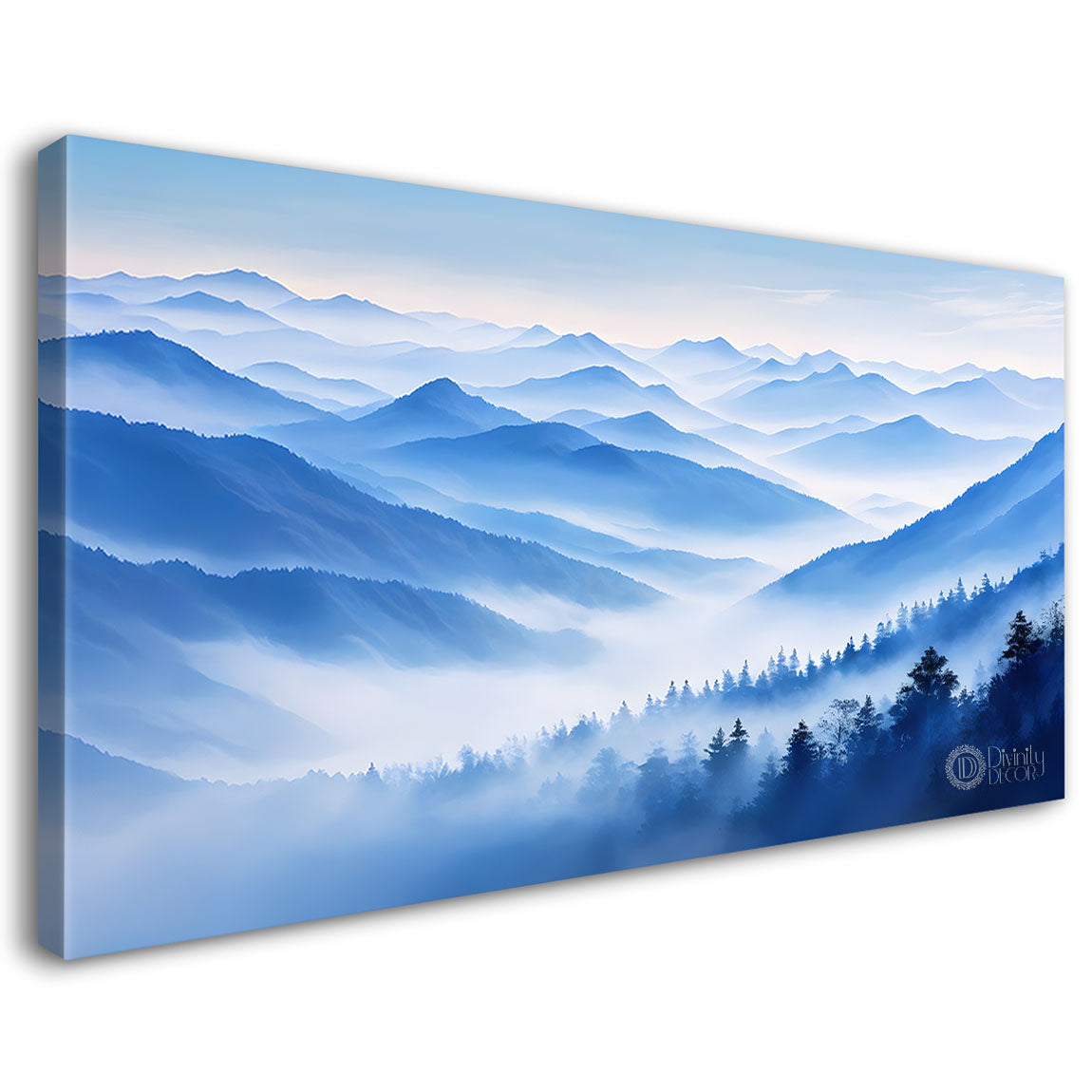 Mountains with river, trees and clouds textured water color art Canvas Painting - Nature Art -170