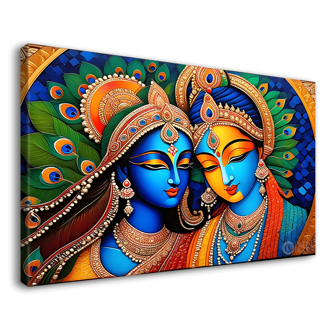 Blue face of Krishna and Radha with yellow and peacock feather background painting Canvas Painting - Design - Krishna-170