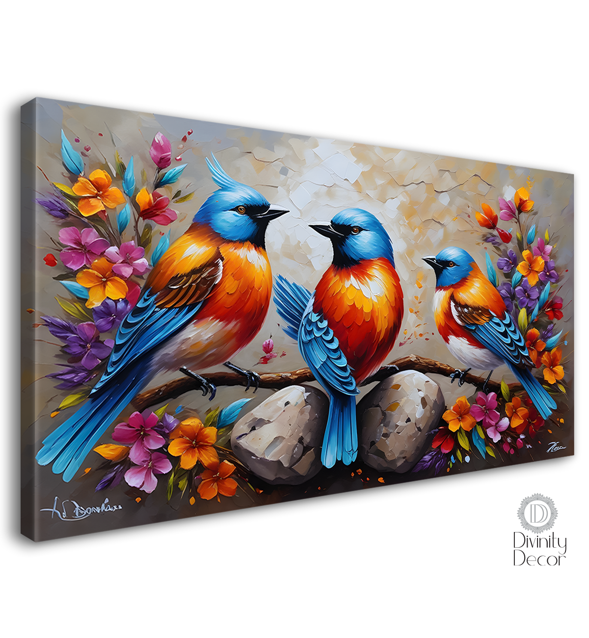 Two birds on the branch with colorful flowers in grey textured background art. - Design - Animal - 171
