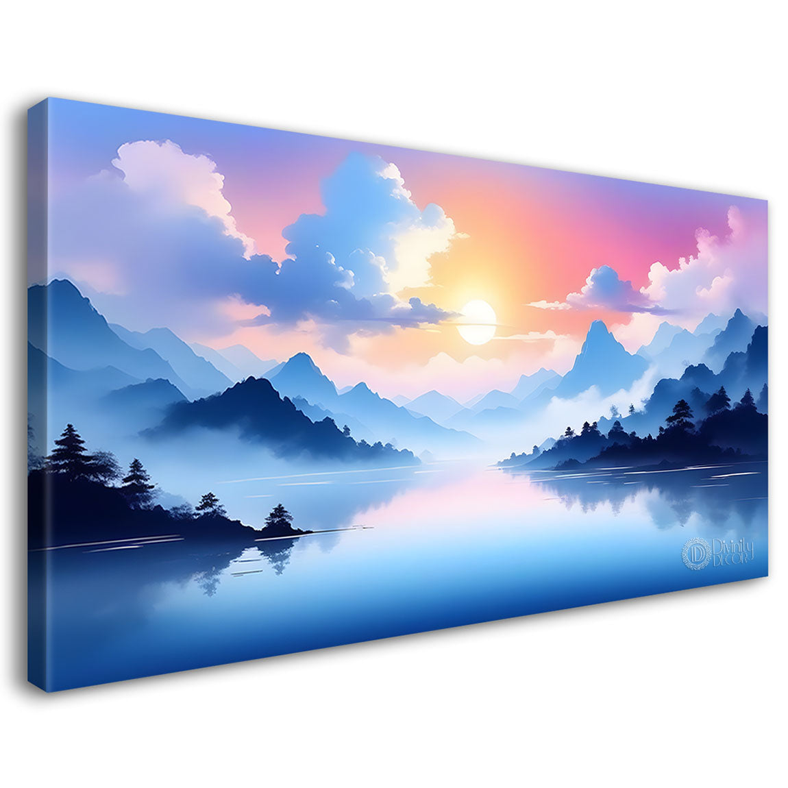 Mountains with river, trees and clouds textured water color art Canvas Painting - Nature Art -171