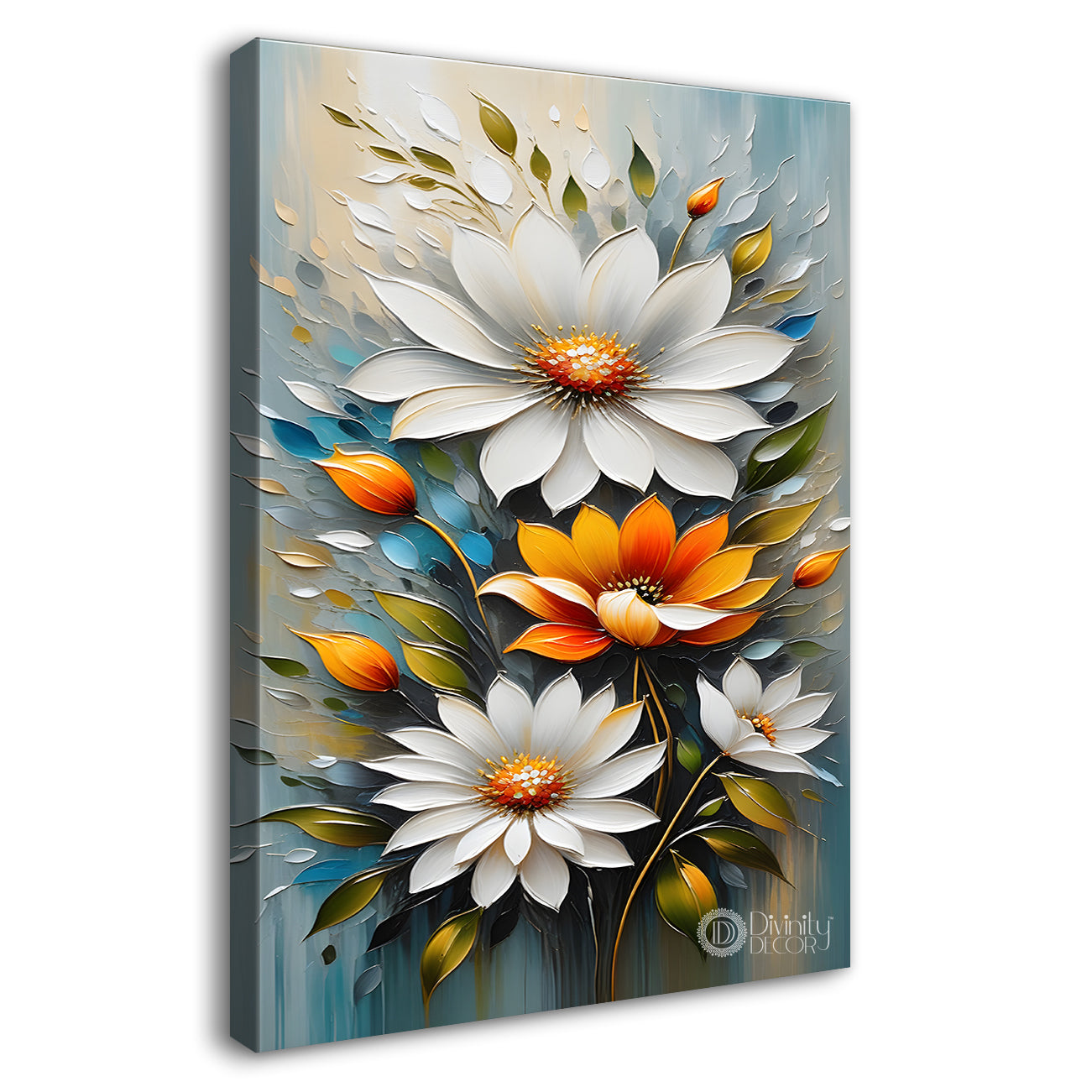 White and orange flower in grey textured painting- Flower-V-171