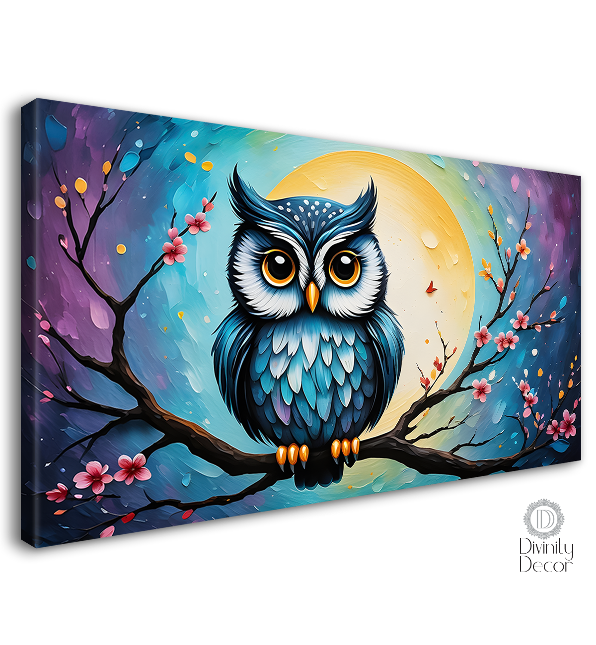 Blue owl on the branch with pink flowers in blue textured background art. - Design - Animal - 172