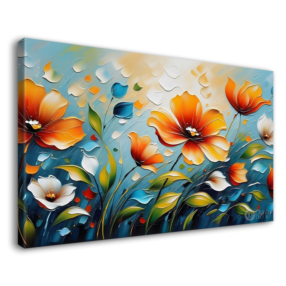 Orange flowers in blue background- Design - Flower-172