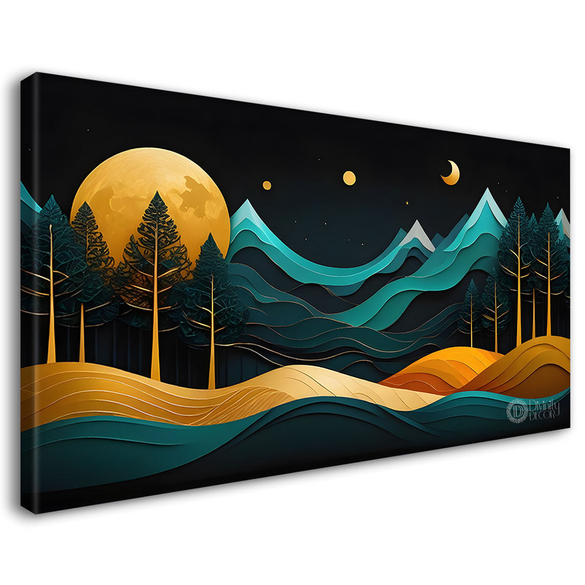 Green mountains with golden moon and trees Canvas Painting - Nature Art -172