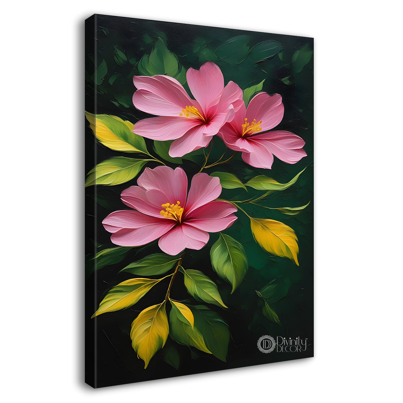 Pink flowers in dark textured painting- Flower-V-172