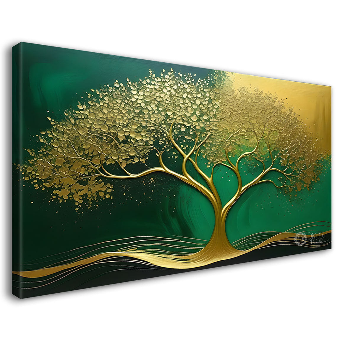 Golden tree in dark green textured background modern art- Design - Tree-172