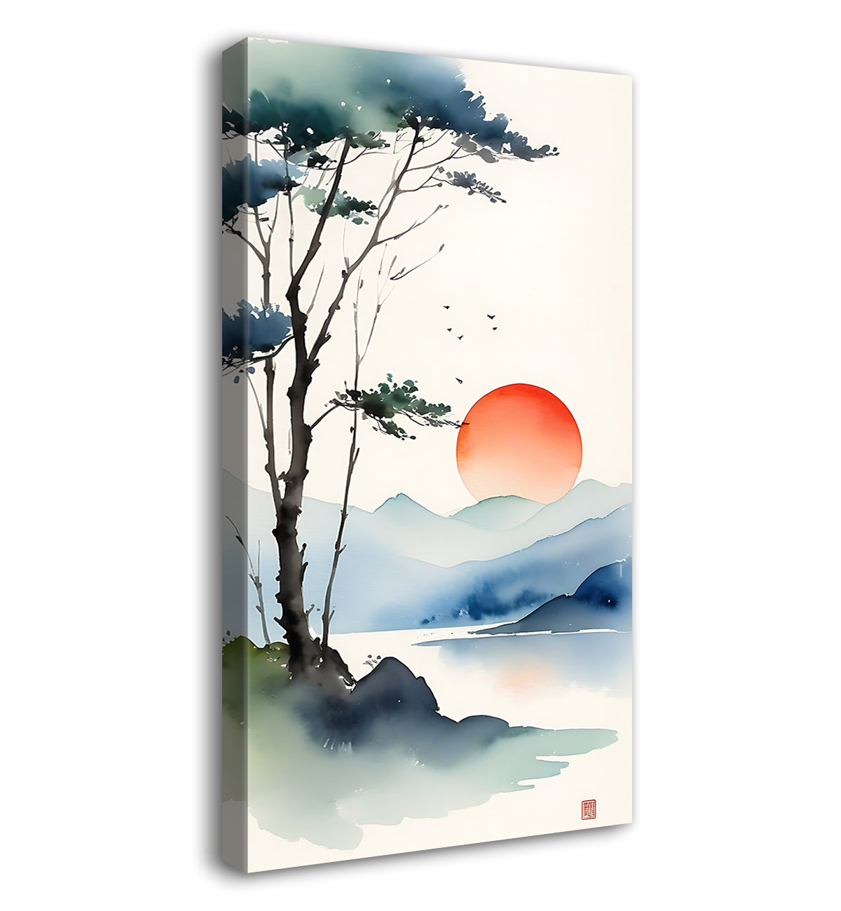 Mountains with tree and sunset in textured water colour painting Canvas Painting - Nature Art -V-172