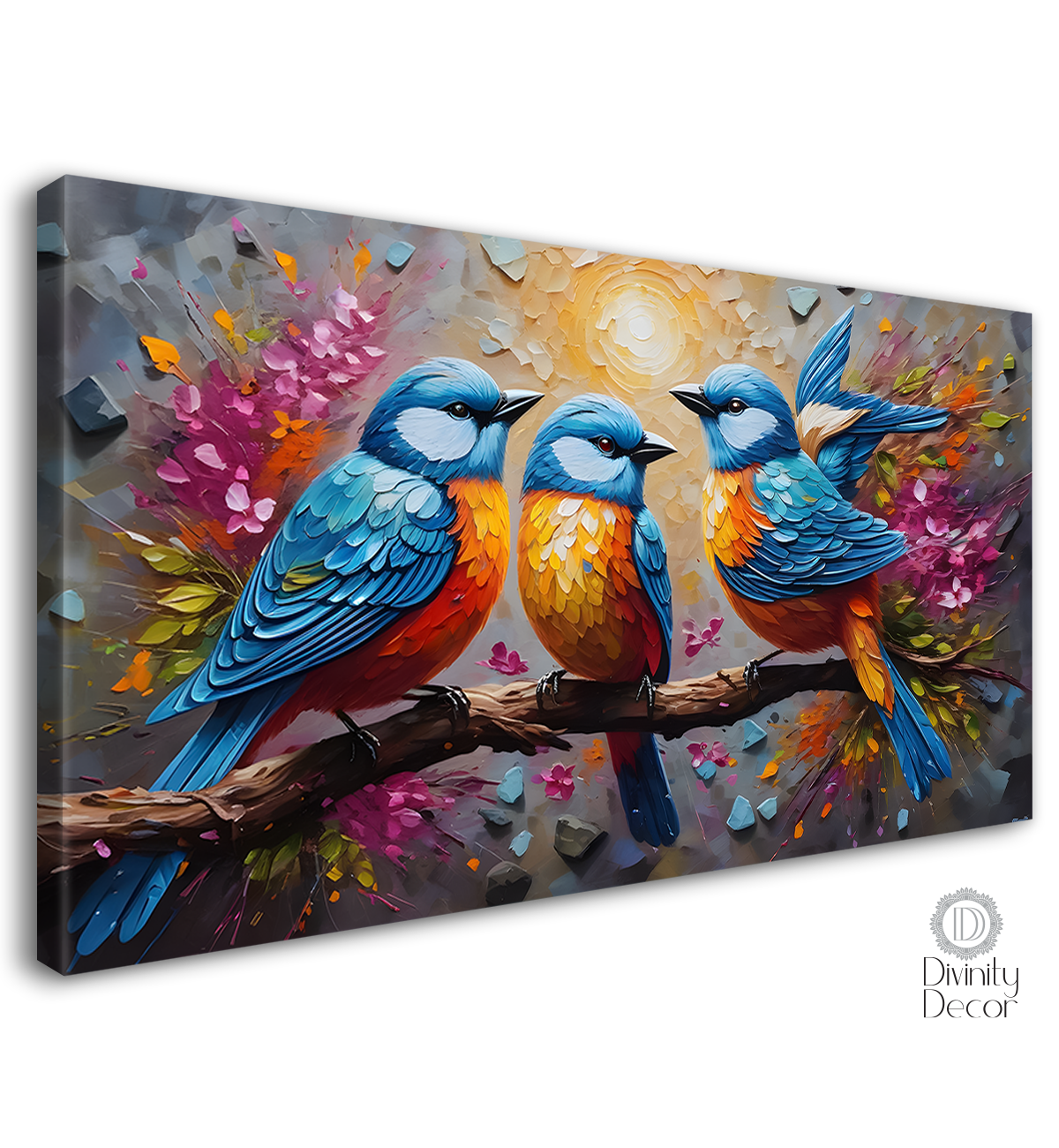 Three birds on the branch with flowers and grey textured background art. - Design - Animal - 173