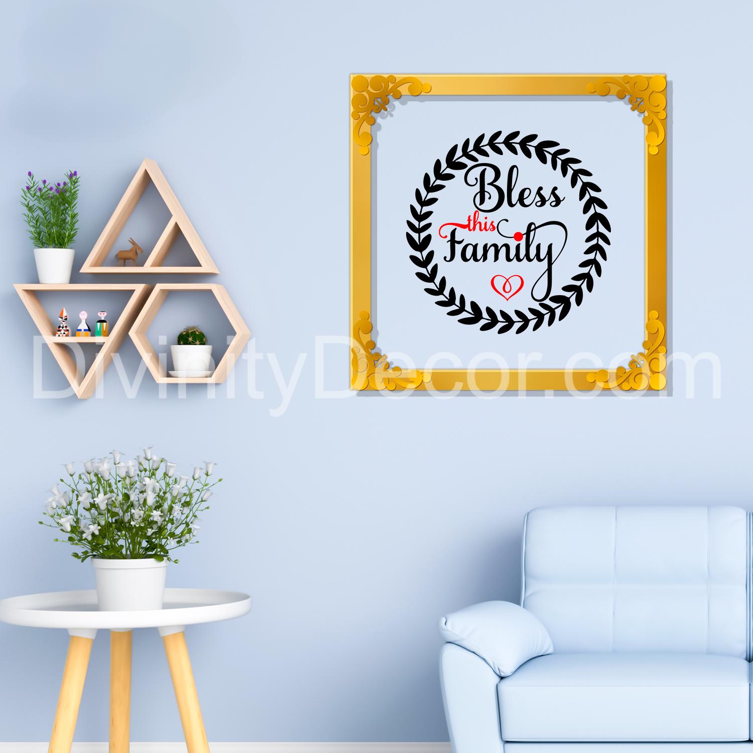 Bless this family Golden Plaque for Gifting, Wall Decor Clear UV print with Golden Border-173