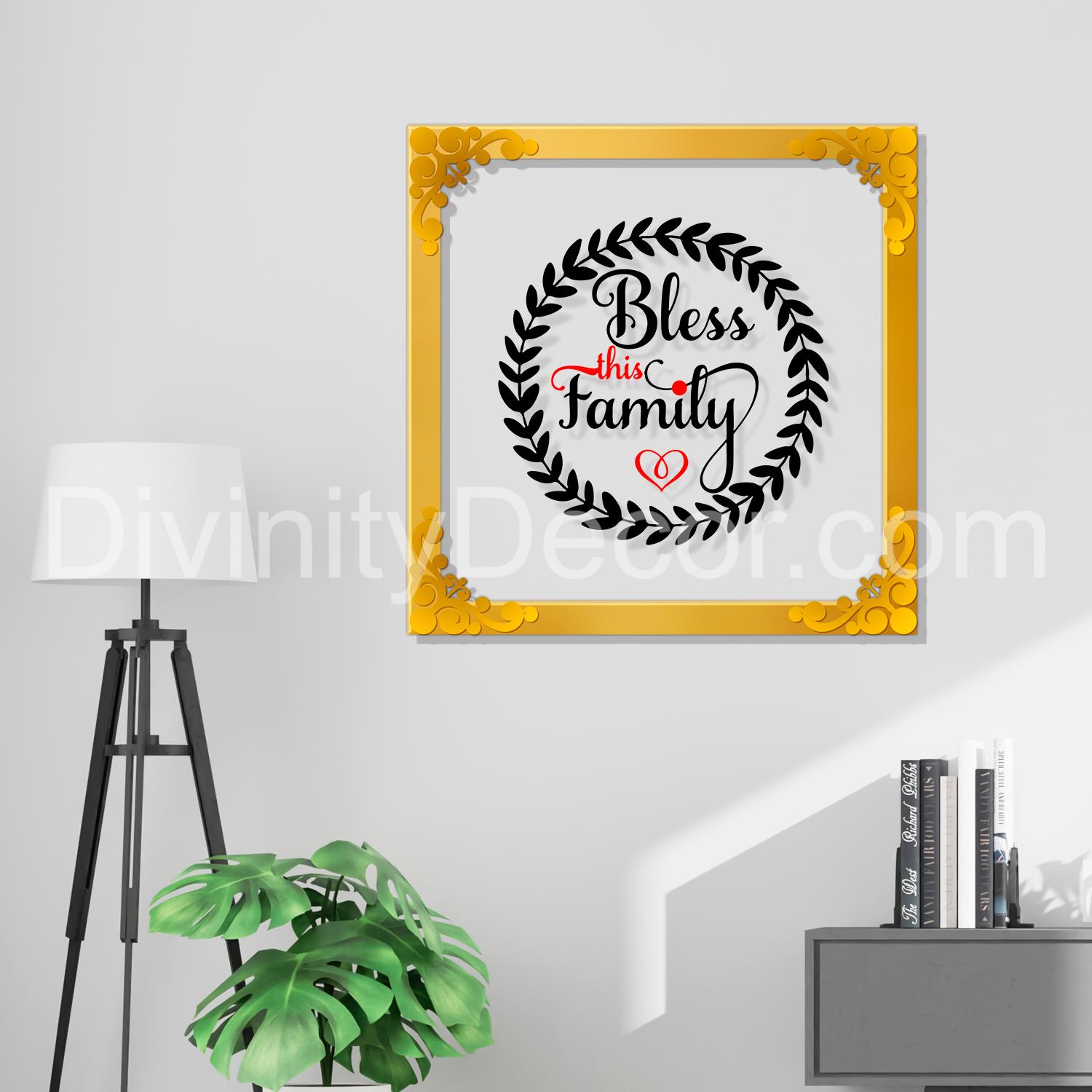Bless this family Golden Plaque for Gifting, Wall Decor Clear UV print with Golden Border-173