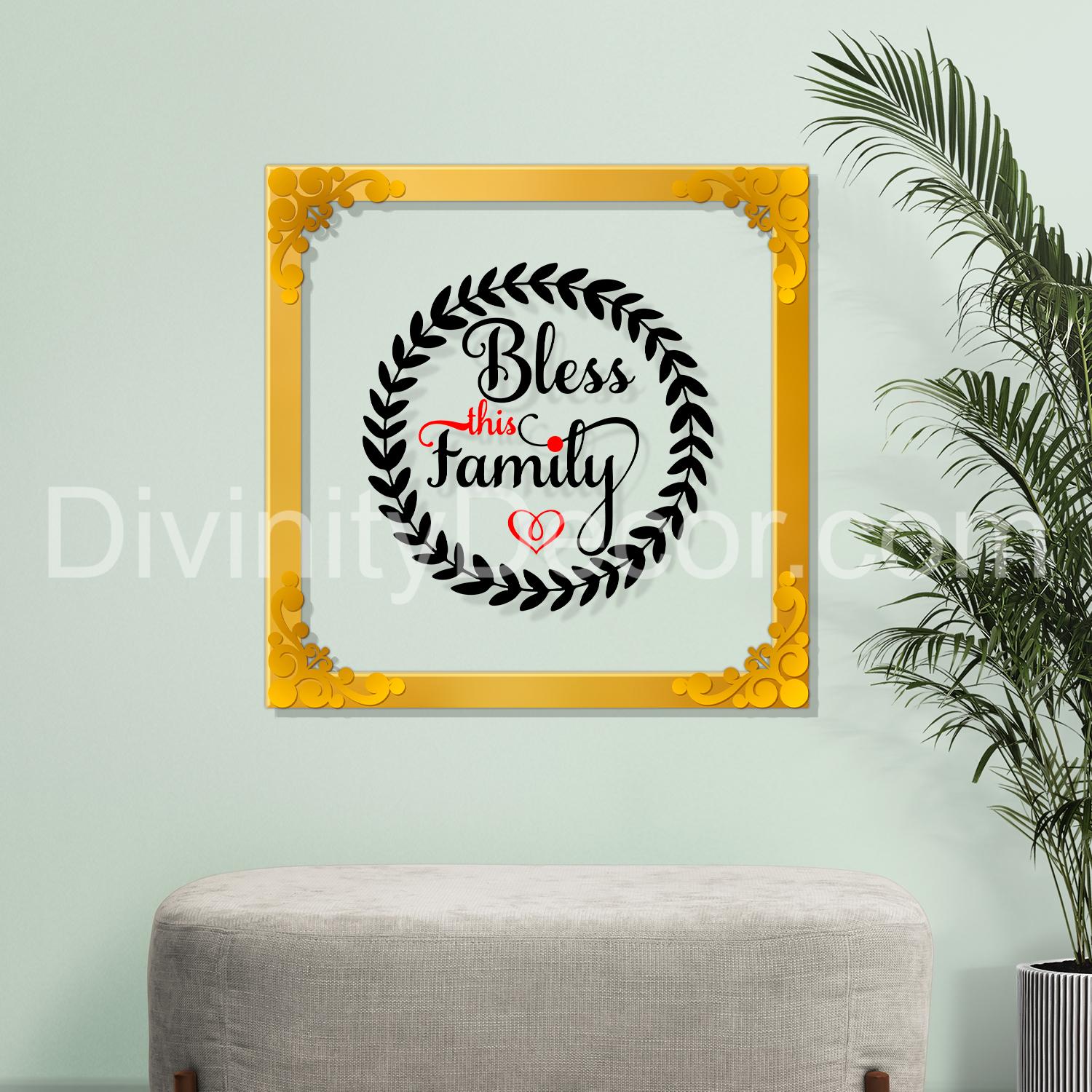 Bless this family Golden Plaque for Gifting, Wall Decor Clear UV print with Golden Border-173