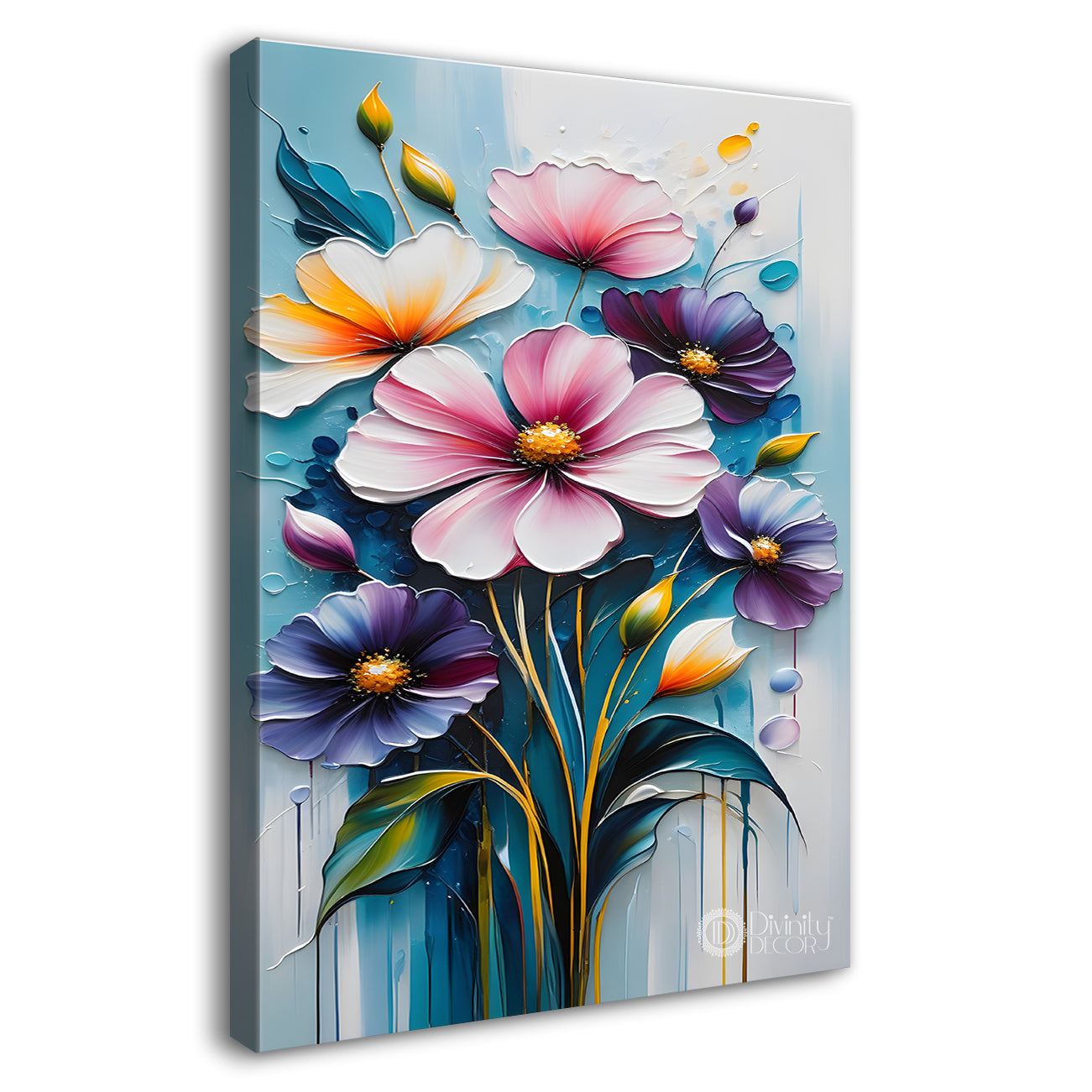 Purple flowers in sky blue textured painting- Flower-V-173