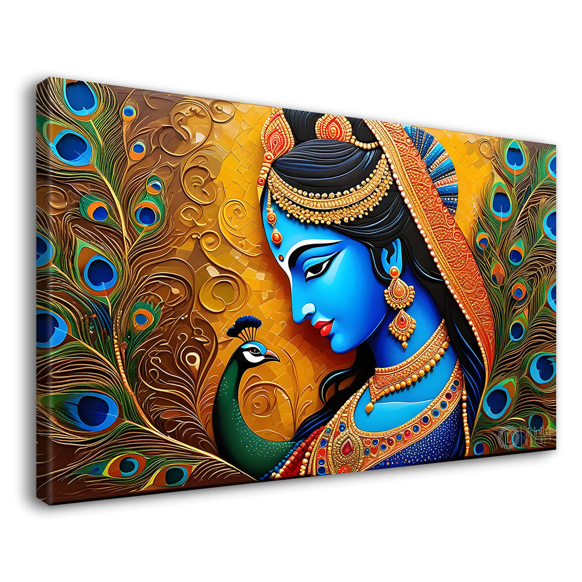Blue face of Radha with yellow and peacock feather background painting Canvas Painting - Design - Krishna-173