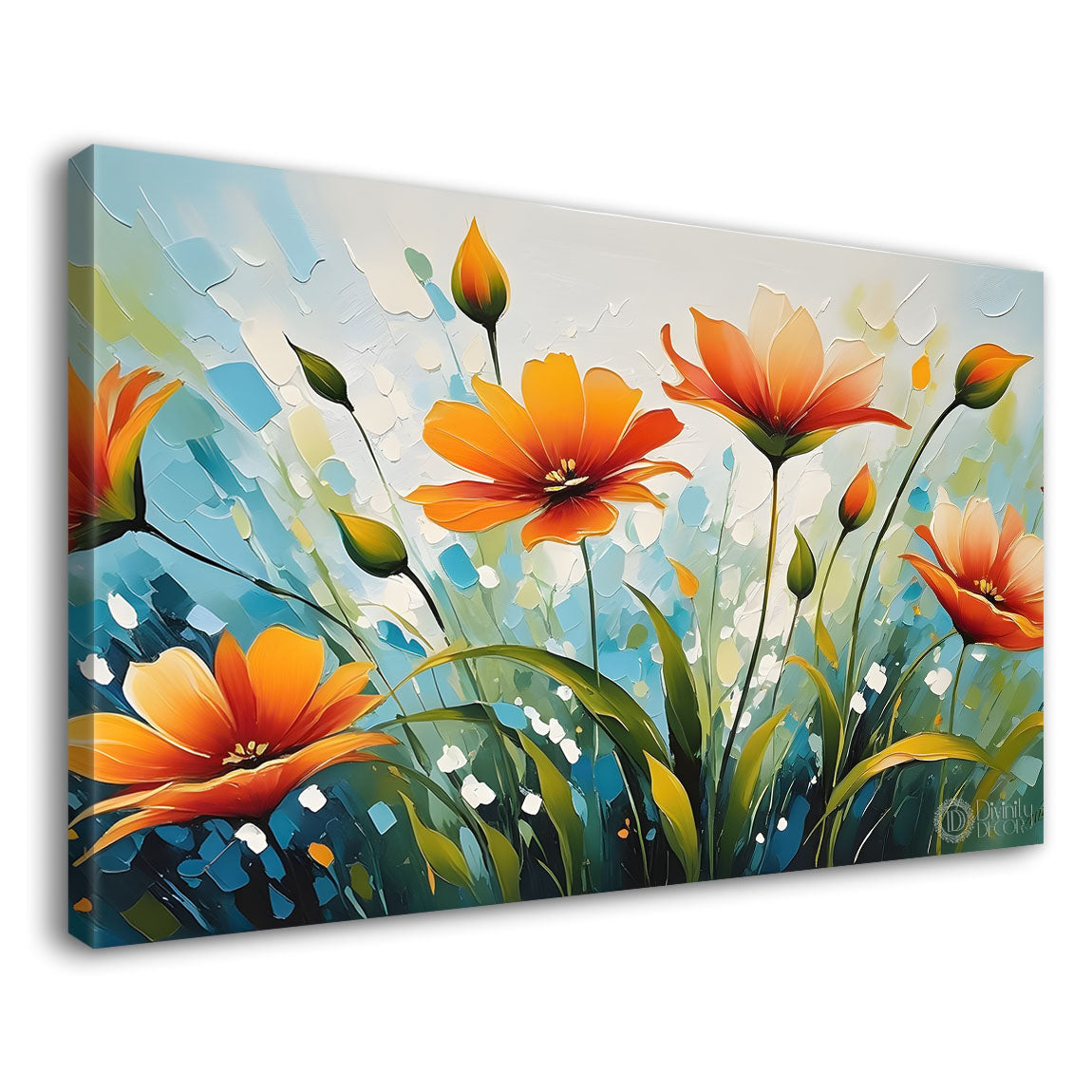 Orange flowers in blue background- Design - Flower-173