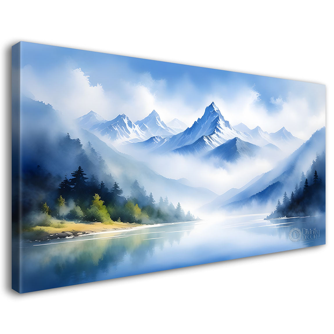 Mountains with river, trees and clouds textured water color art Canvas Painting - Nature Art -173
