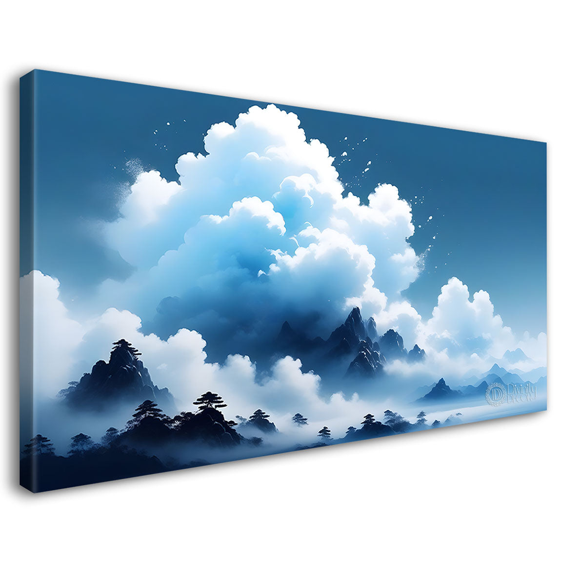 Mountains with river, trees and clouds textured water color art Canvas Painting - Nature Art -174