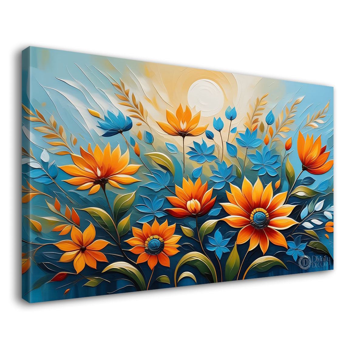 Orange flowers in blue background- Design - Flower-174