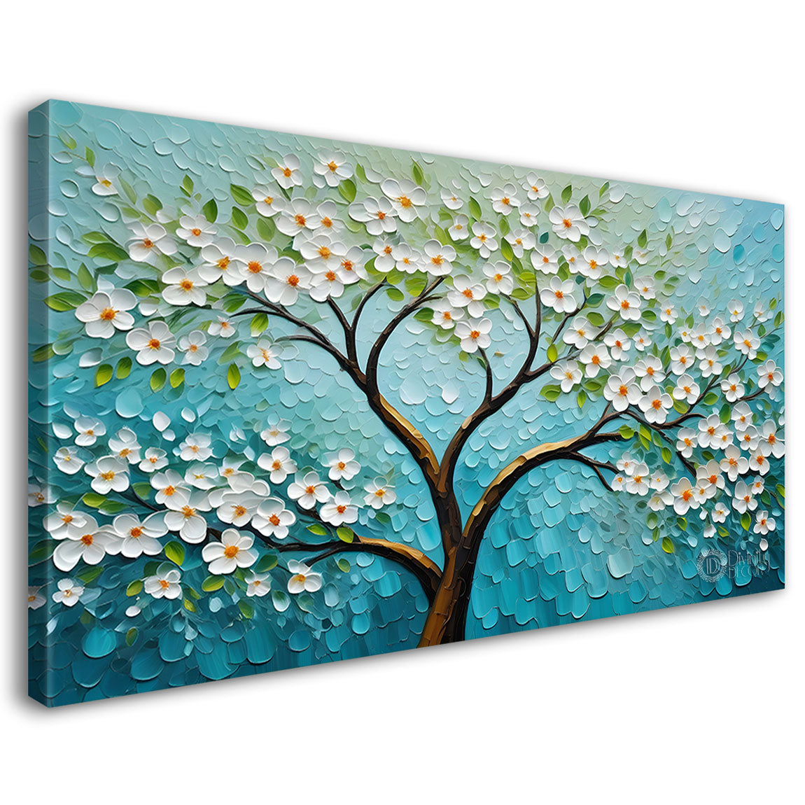 White flower tree in textured background oil painting- Design - Tree-174
