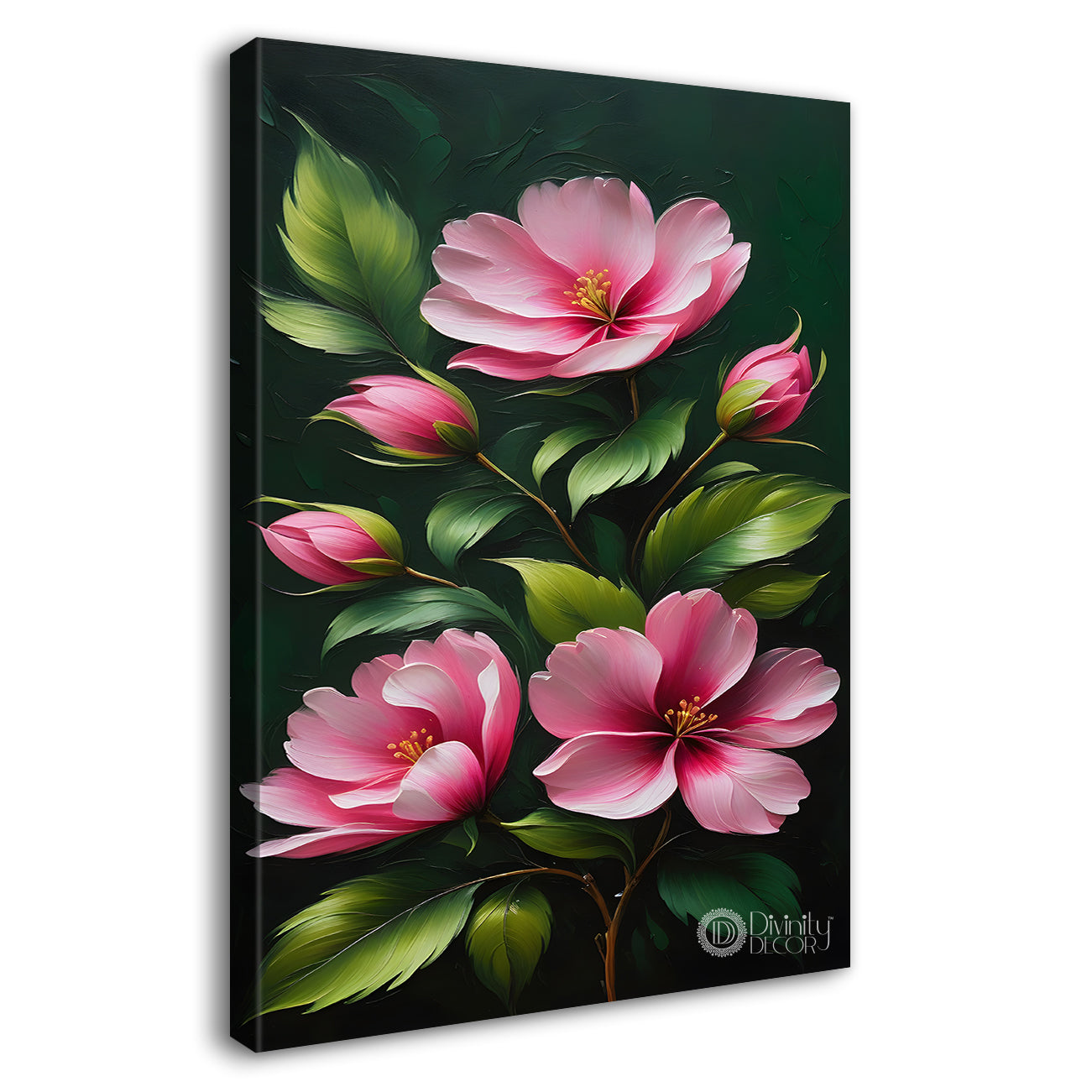 Pink flowers in dark textured painting- Flower-V-174