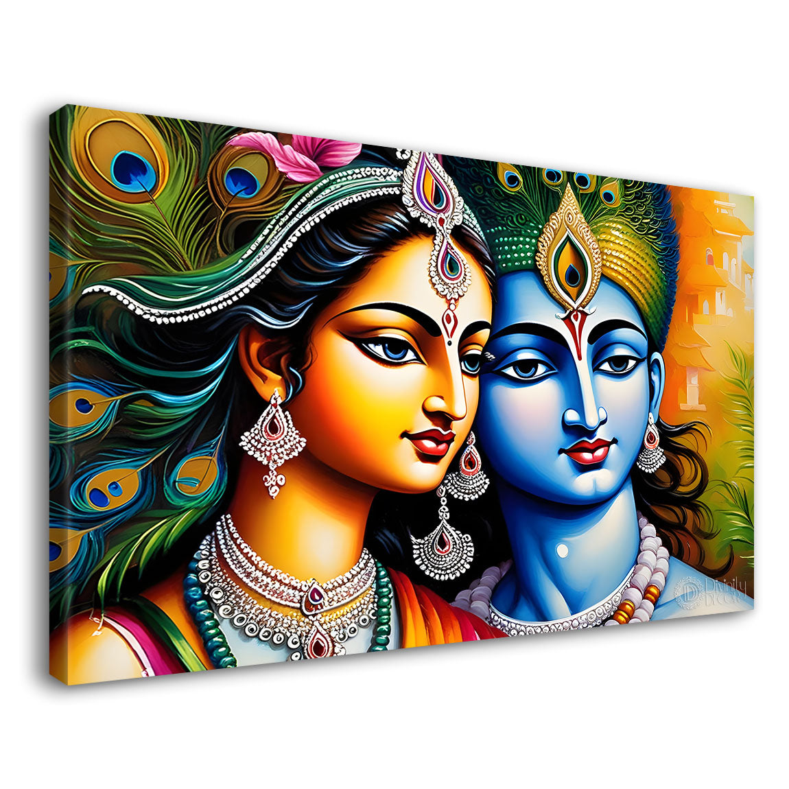 Blue face of Krishna and Radha with yellow and peacock feather background painting Canvas Painting - Design - Krishna-174