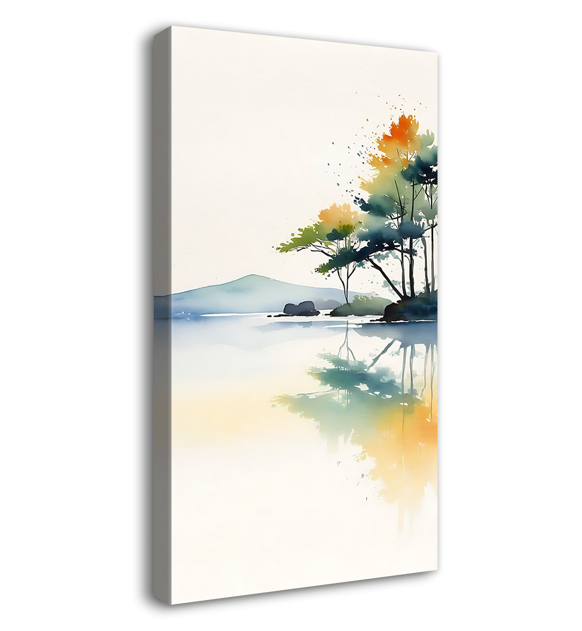 Mountains with lake and treesin textured water colour art Canvas Painting - Nature Art -V-174