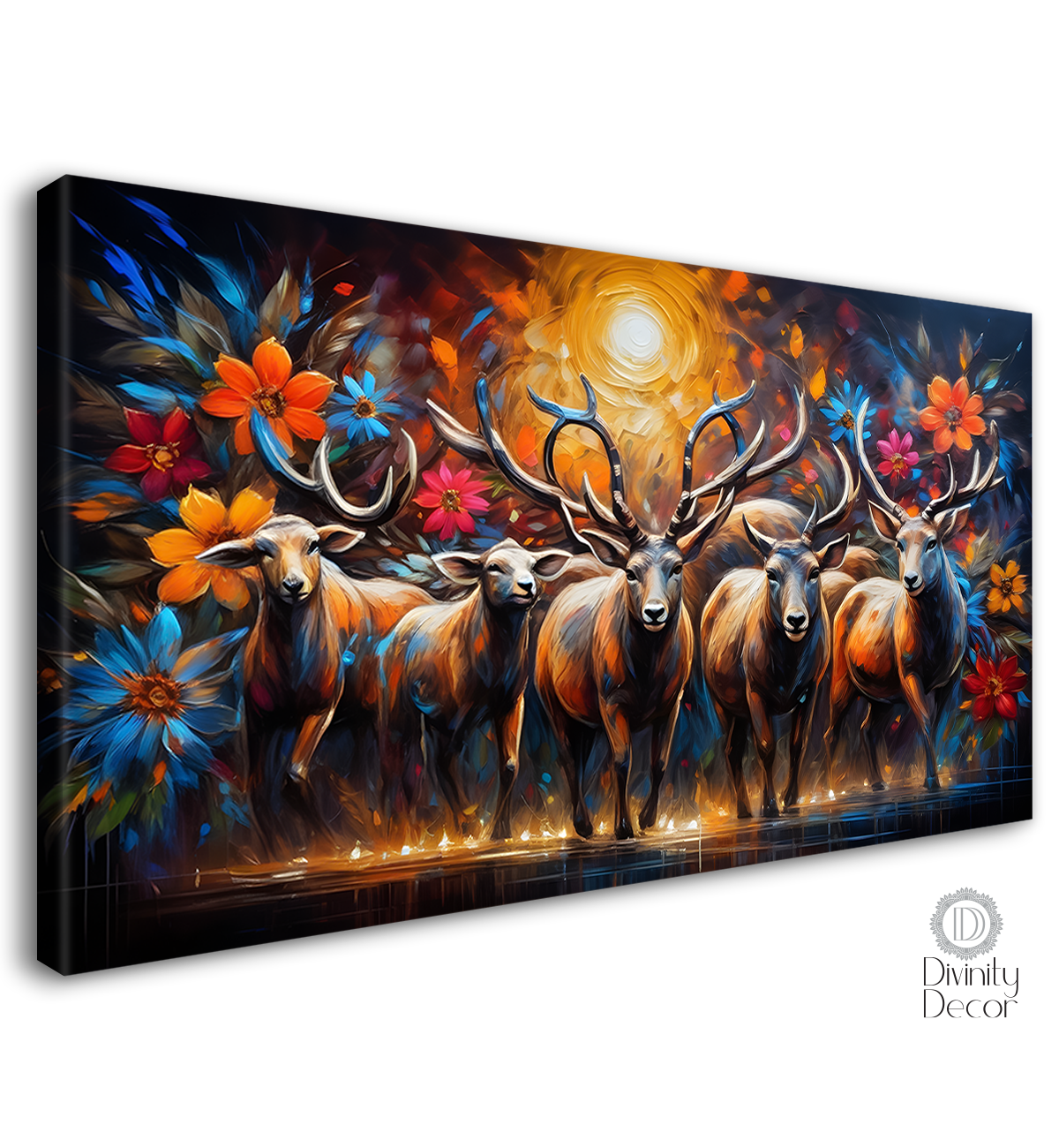 Brown deer with colorful flowers in dark textured background art.- Design - Animal -175