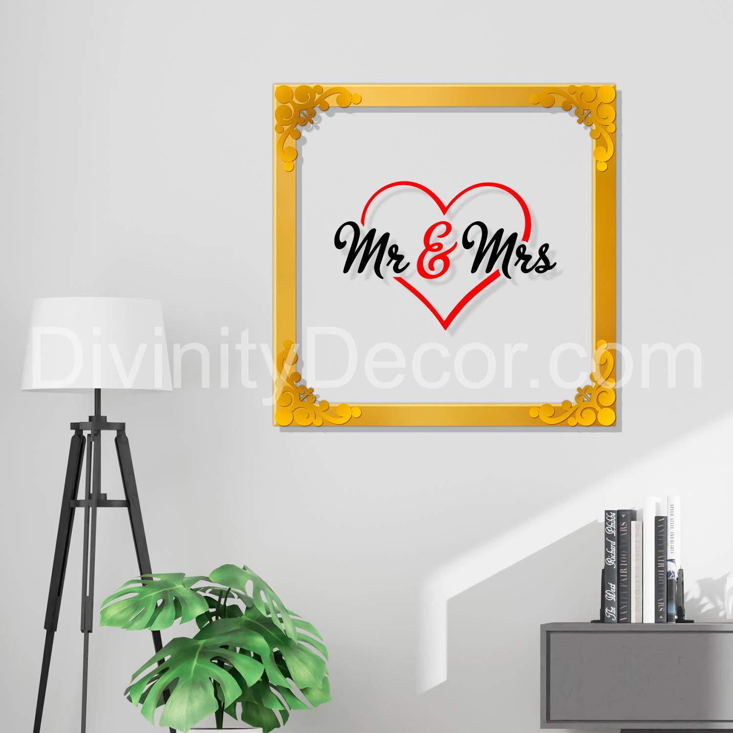MR.& MRS. Golden Plaque for Gifting, Wall Decor Clear UV print with Golden Border-175