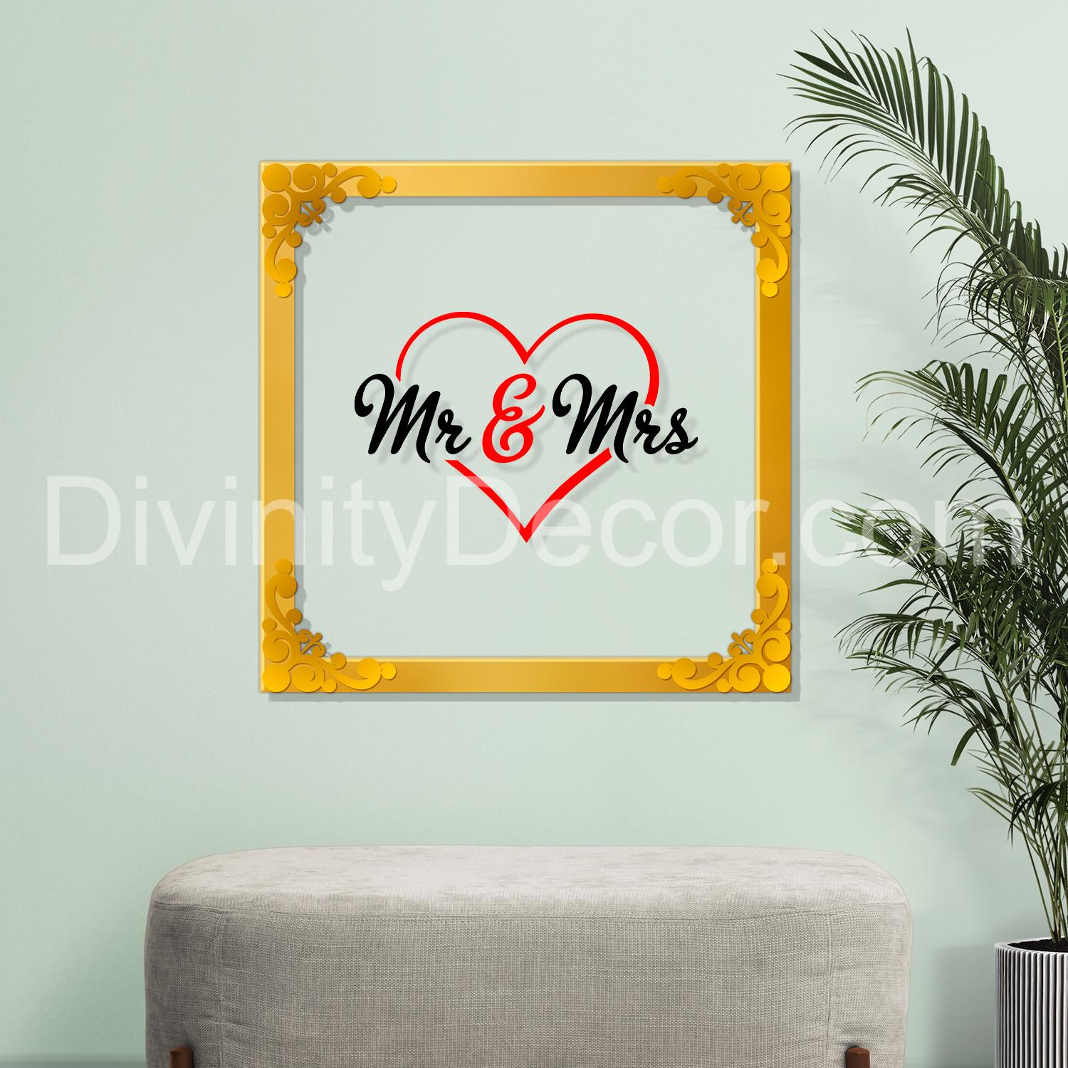 MR.& MRS. Golden Plaque for Gifting, Wall Decor Clear UV print with Golden Border-175