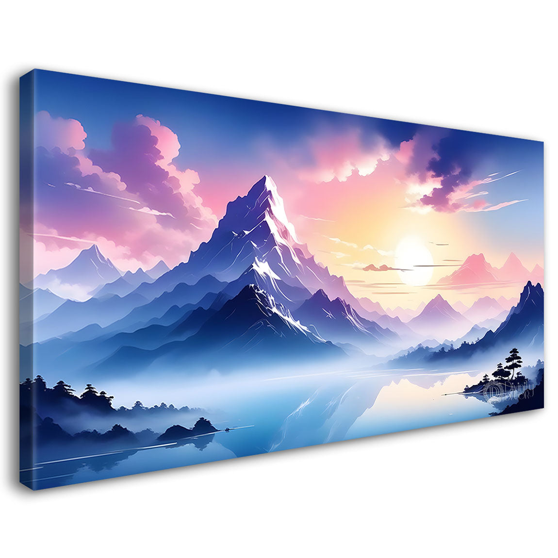 Mountains with river, trees and clouds textured water color art Canvas Painting - Nature Art -175