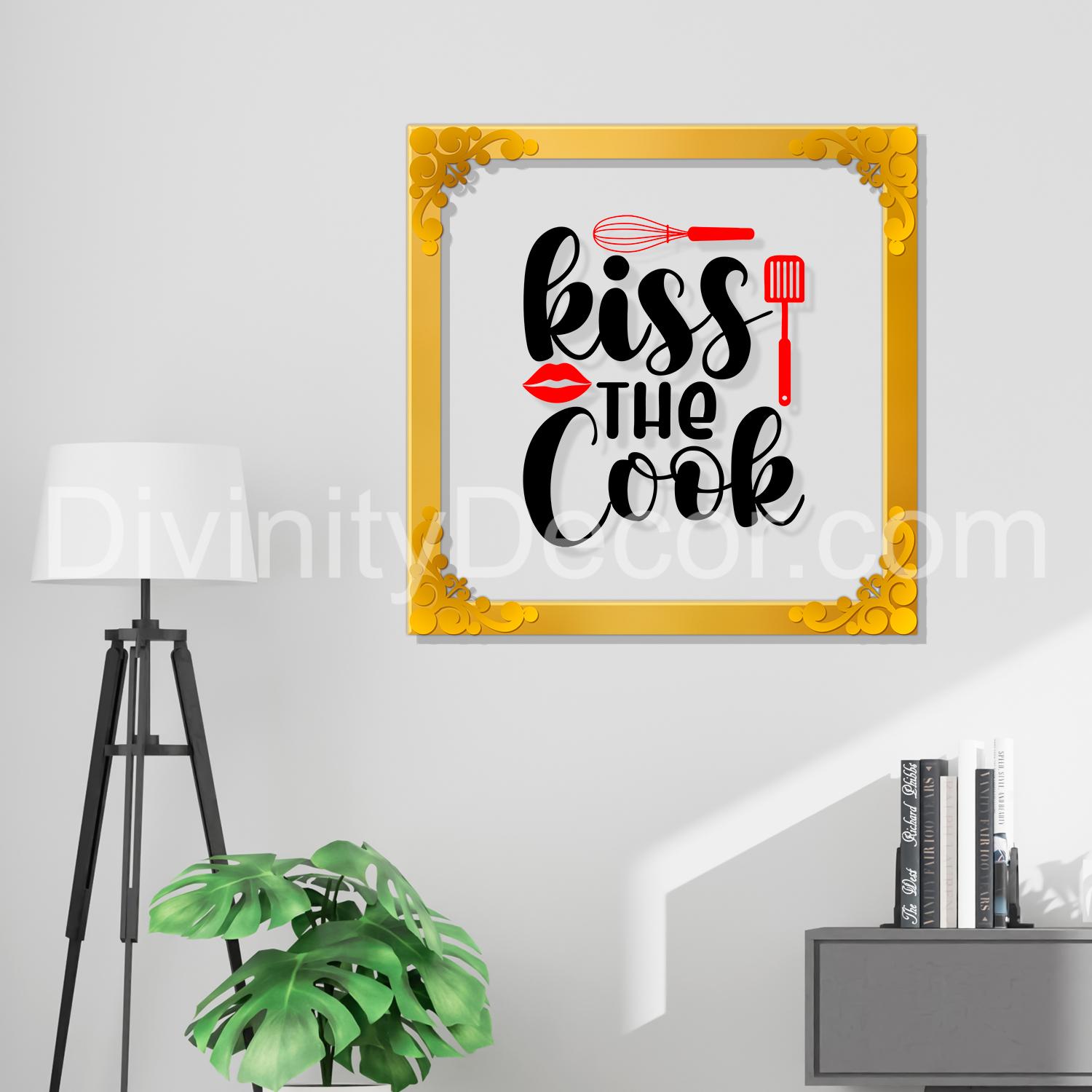Kiss the cook Golden Plaque for Gifting, Wall Decor Clear UV print with Golden Border-176