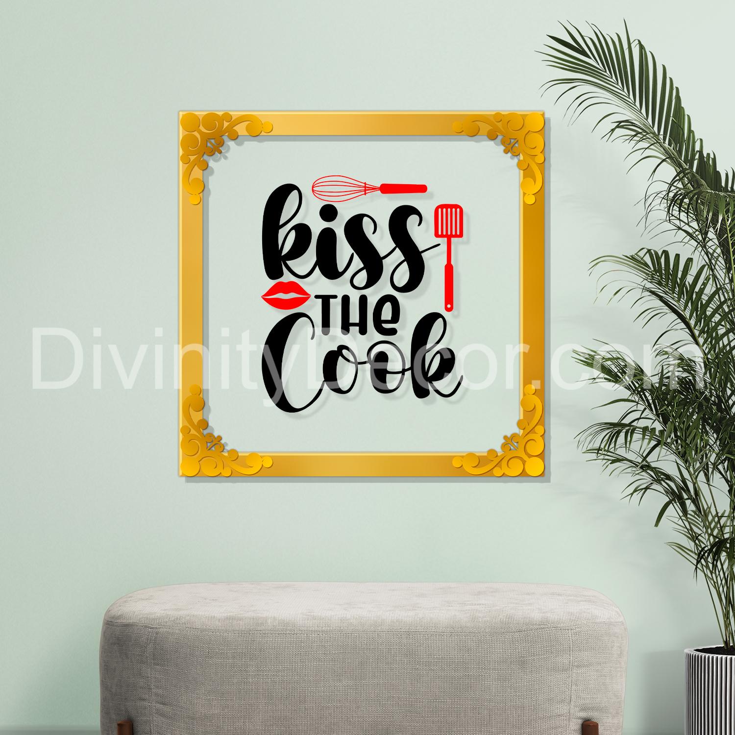 Kiss the cook Golden Plaque for Gifting, Wall Decor Clear UV print with Golden Border-176