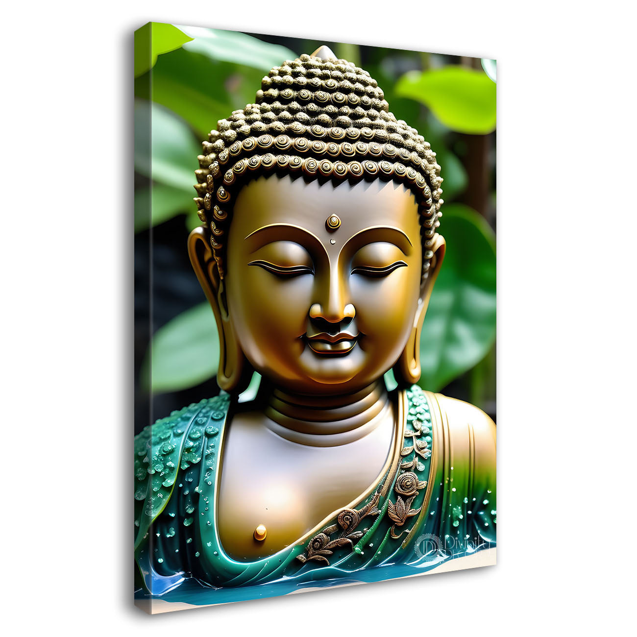 Golden buddha with green background texturd painting-V-176